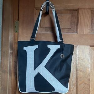 Black Tote Bag with White K initial- Women's Shoulder Bag
